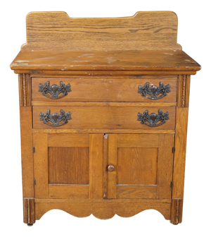 Antique American Victorian Oak Washstand Commode Chest Cabinet Backsplash
