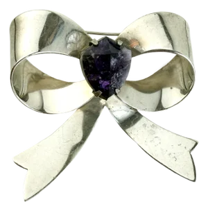 Sterling Silver and Amethyst Bow Brooch by Damaso Gallegos - Taxco, Mexico - 1940s