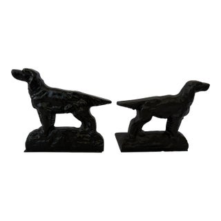 Vintage Cast Iron Hunting Dog Bookends Set With Steel Base Plates – Black Finish For Sale