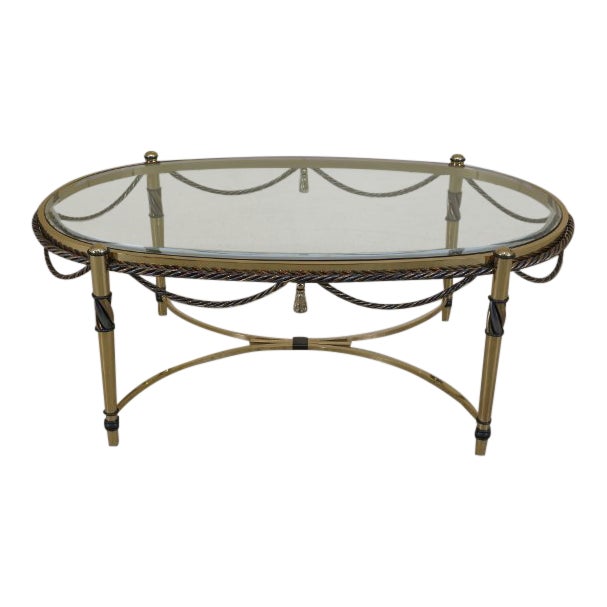 Neoclassical Oval Brass Coffee Cocktail Table W. Beveled Glass Top