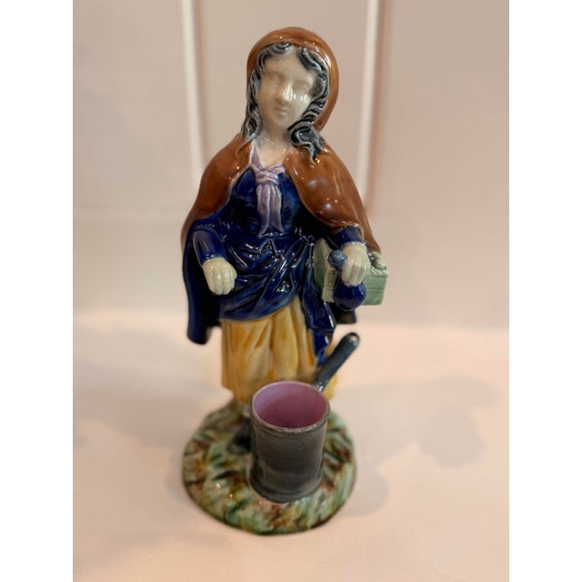 Rustic European Antique Continental Majolica Figural Match Holders Pair 8 Inch Strikers Vases For Sale - Image 3 of 5