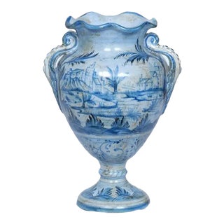 1990s Blue and White Italian Handpainted Delft Style Ceramic Vase For Sale