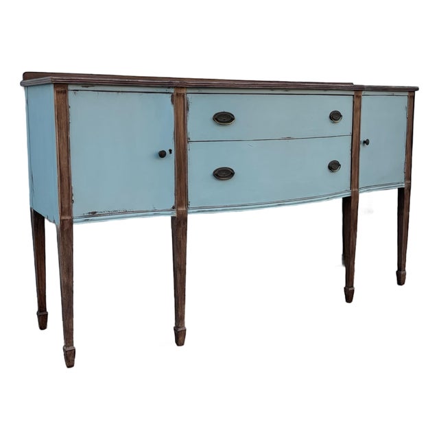 1920s Painted Sideboard Buffet | Antique Bow Front Server | Hepplewhite Revival Cabinet | Blue Wood Credenza | Farmhouse Cottage Wood Buffet For Sale