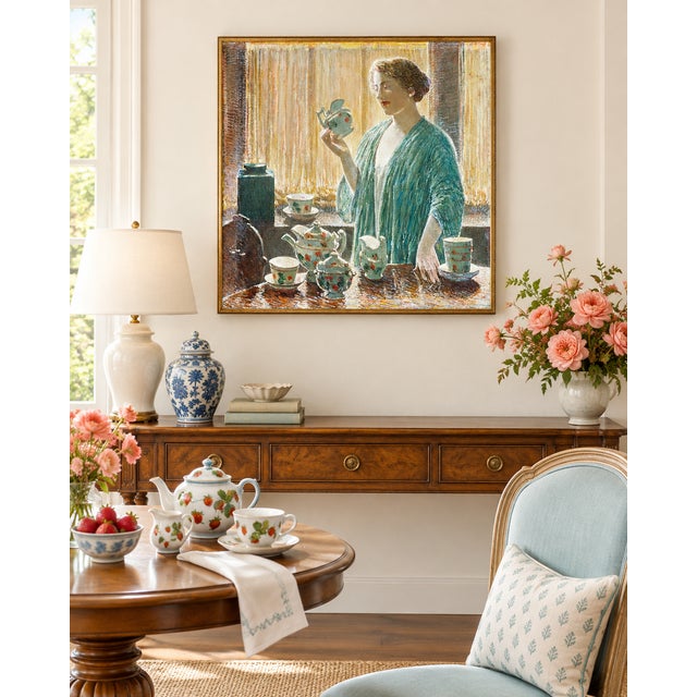Bunny Williams Home 1912 Vintage Tea Set Art Print, American Impressionist Woman Portrait by Childe Hassam - 12" X 12" For Sale - Image 4 of 9