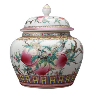 Pink and Multi-Color Chinoiserie Ginger Jar With Peach and Floral Motif For Sale
