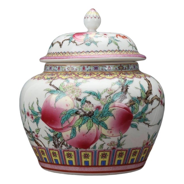 Pink and Multi-Color Chinoiserie Ginger Jar With Peach and Floral Motif For Sale