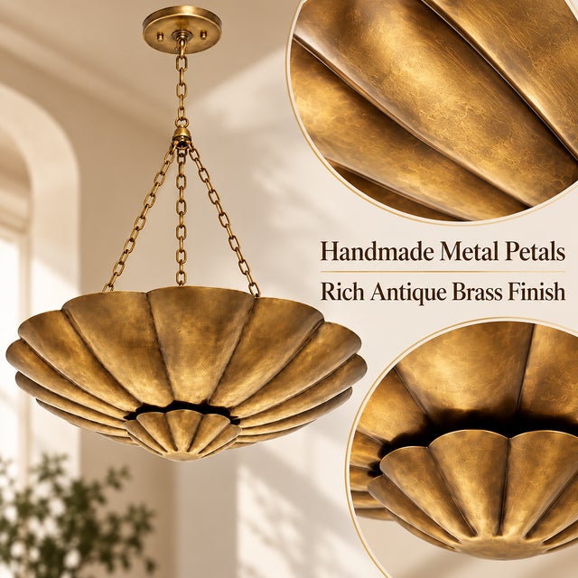 Flower Bowl Chandelier, Antique Brass Finish, Handmade Ceiling Light For Sale - Image 11 of 15