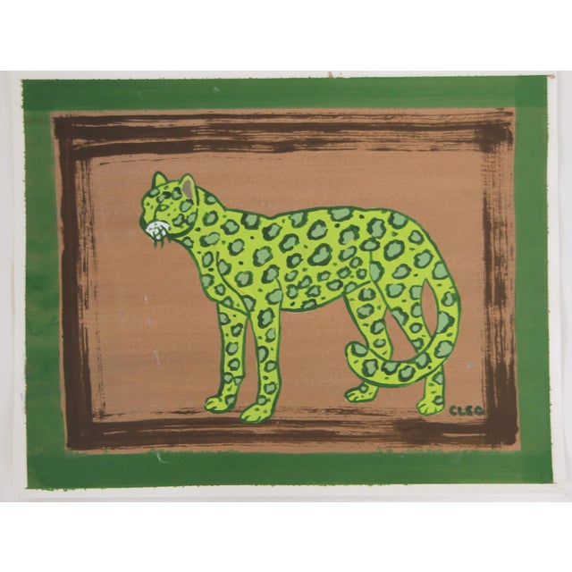 Cleo Plowden Leopard Expressionism Folk Art Safari Green Brown Sienna Original Painting Cleo Plowden For Sale - Image 4 of 5