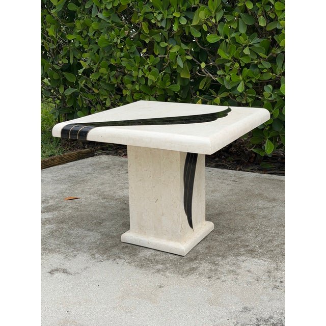 1990 Postmodern Pedestal Accent Table With Black & Brass Inlay For Sale - Image 9 of 11