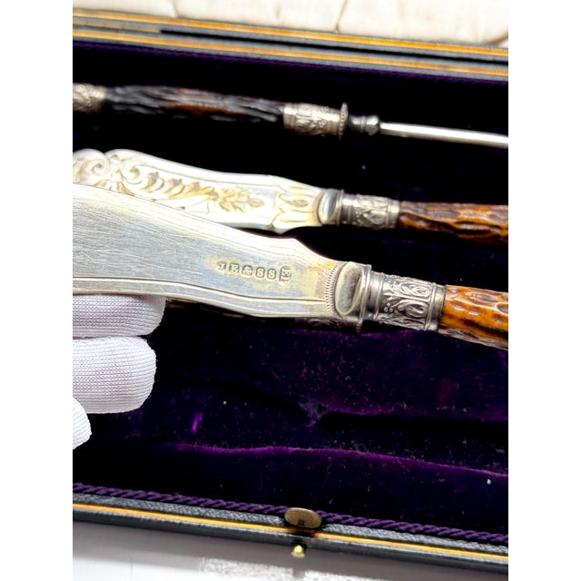1897 James Ernest & Sons Victorian Sterling Silver Stag Antler Carving Set, Hallmarked Sheffield- 4 Pieces For Sale - Image 4 of 4