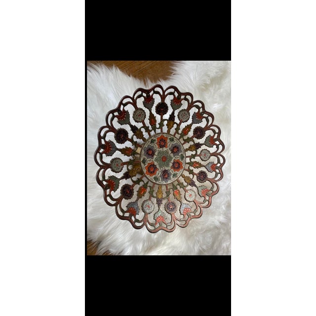 Penco Vintage Hand Painted Floral Brass Pedestal Open Decorative Bowl For Sale - Image 4 of 9