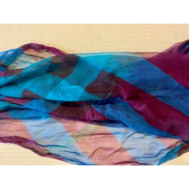 Purple Burberry Crinkle Silk Chiffon Scarf, Made in England, Turquoise & Purple, Lightweight Luxury For Sale - Image 8 of 9