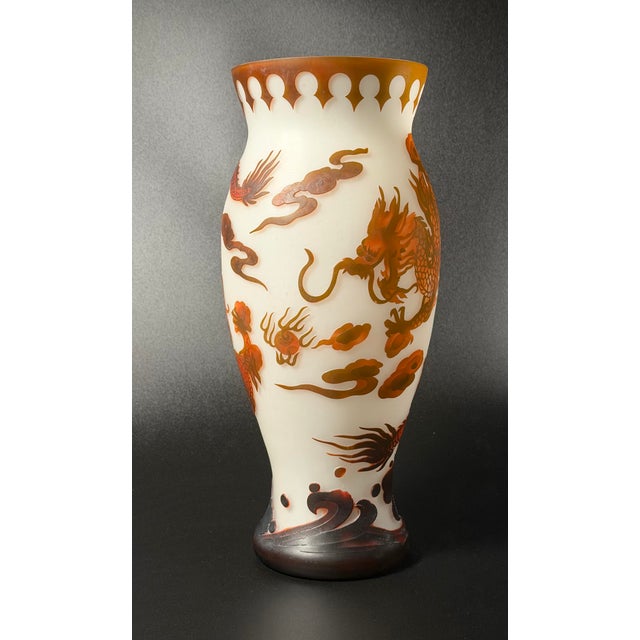 Art Nouveau Stunning 15.5" Vintage Gallé Style Cameo Art Glass Imperial Dragon Vase For Sale - Image 3 of 7