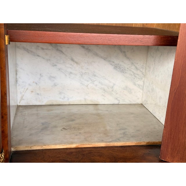 Brown Antique French Empire Style Marquetry Cabinet / Nightstand With Marble Top and Gold Gilt Bronze Mounts For Sale - Image 8 of 13