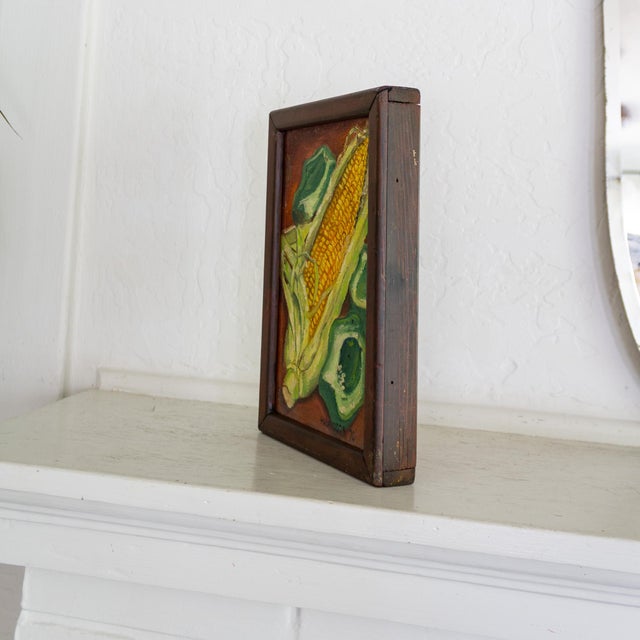 Mustard Still Life Painting of Corn and Peppers by Oregon Artist Hal Maddox 1970 For Sale - Image 8 of 10