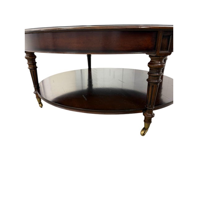 Round Inlaid Wood Two-Tier Coffee Table on Brass Casters For Sale - Image 4 of 9