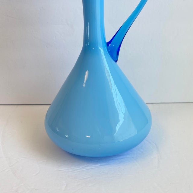 Italian Art Glass Pitcher Sky Blue Cased Glass Turquoise Vessel Attributed to Empoli Italy For Sale - Image 6 of 9