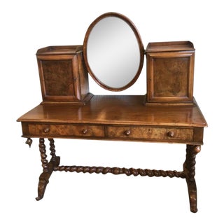 1900s Antique English Burled Walnut Dressing Table With Oval Mirror For Sale