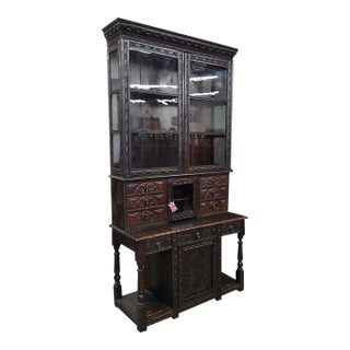 Mid 18th Century Unique Oak Jacobean Revival Carved Display Cabinet For Sale