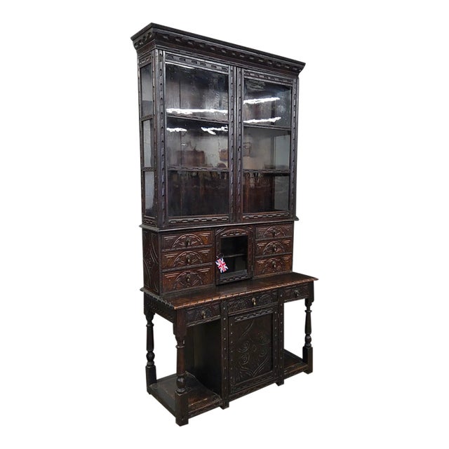 Mid 18th Century Unique Oak Jacobean Revival Carved Display Cabinet For Sale