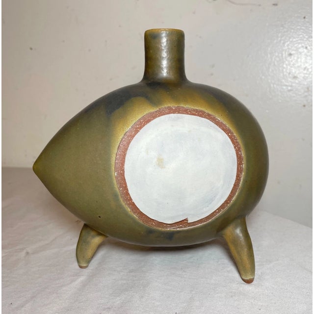 Japanese Antique Signed Japanese 3 Piece Studio Art Green Pottery Footed Vase Bowl Set For Sale - Image 3 of 18
