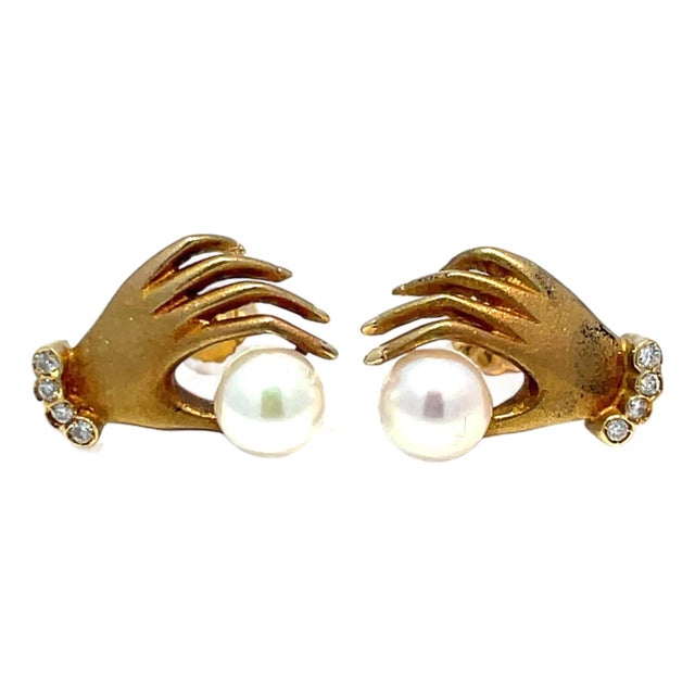 18k Yellow Gold Diamond Hand Holding Pearl Earrings, A Pair For Sale