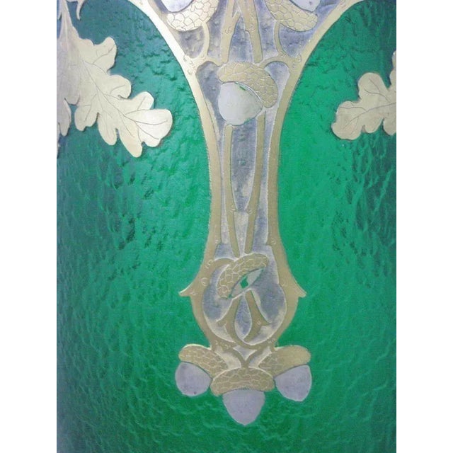 1890 Art Nouveau Grand Exhibition Magnificent Green Glass & Etched Gold & Silver Vase by Master f.t. Legras,Saint-Denis 20” Ht For Sale - Image 9 of 10