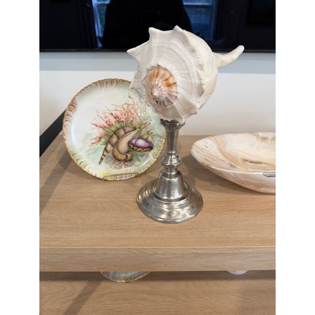 Godinger Celestial Meets the Sea Shell Topped Pewter Candlestick-Coastal Art Sculpture For Sale - Image 4 of 5