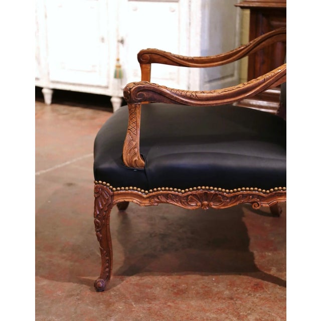 Late 19th Century 19th Century French Louis XV Carved Walnut Armchair With Black Leather For Sale - Image 5 of 8