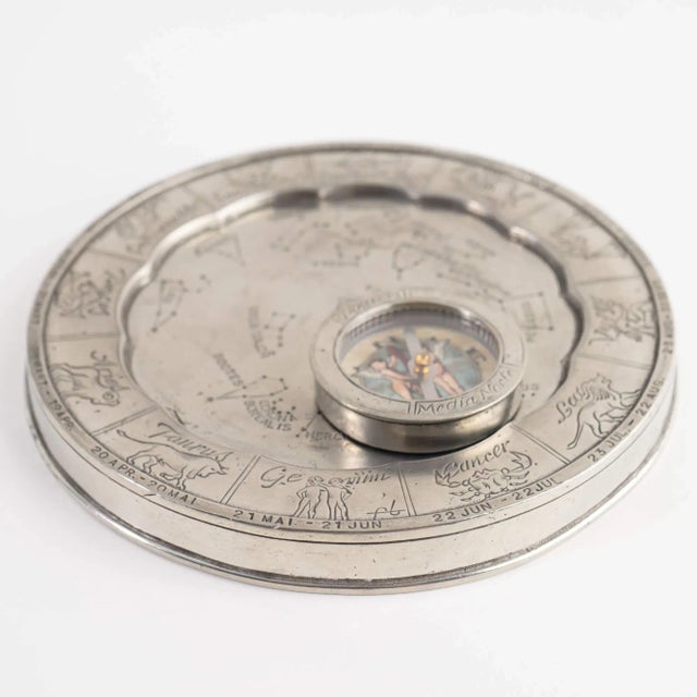 Intricate, handcrafted vintage pewter astrology wheel or "Stellar Compass" by renowned Italian designers Enrico Cosi and...