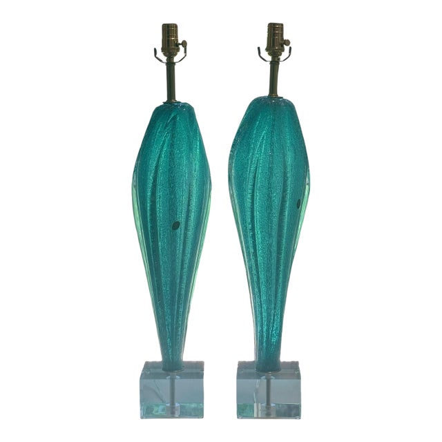 Teal Pulegoso Winged Murano Lamps on Lucite For Sale