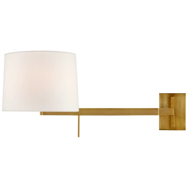 Barbara Barry for Visual Comfort Signature Sweep Medium Right Articulating Sconce in Soft Brass with Linen Shade For Sale
