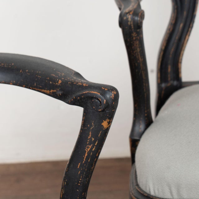 Pair of 19th Century Black Painted Swedish Rococo Armchairs For Sale - Image 6 of 16
