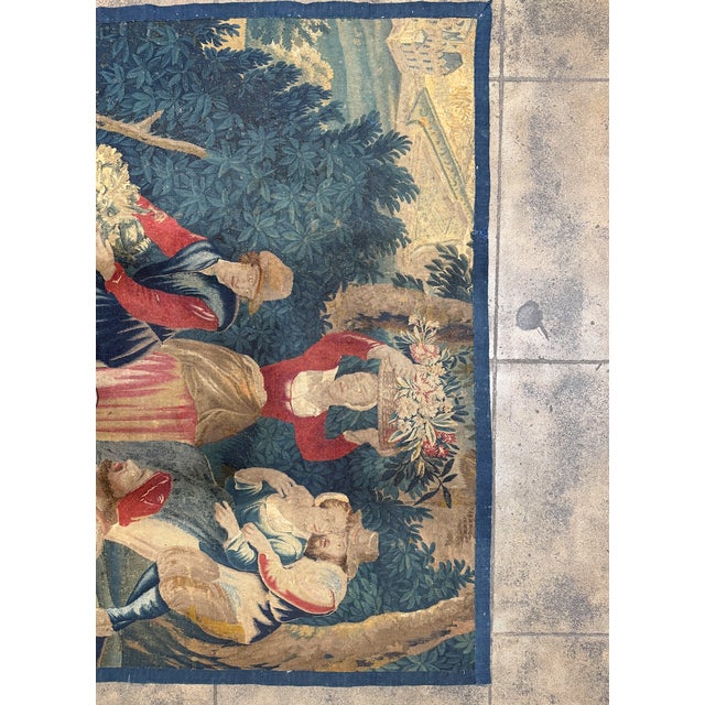 17th Century 17th Century Brussels Tapestry With Figures and Floral Harvest For Sale - Image 5 of 10