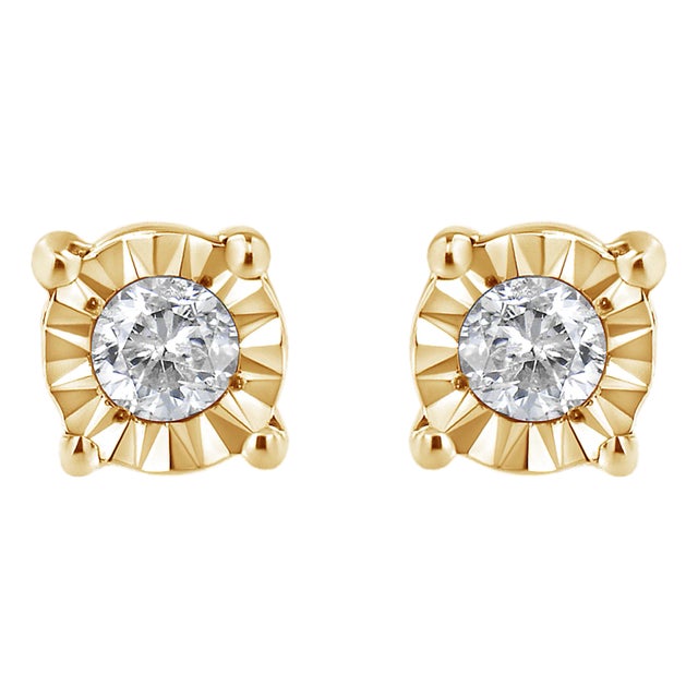 10K Yellow Gold Plated .925 Sterling Silver 1/10 Cttw Round Brilliant-Cut Diamond Miracle-Set Stud Earrings, A Pair For Sale