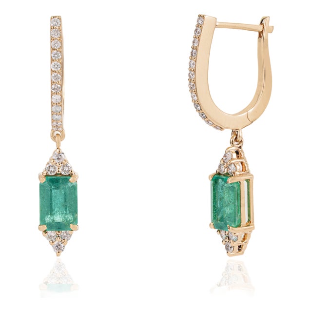Art Deco 1.96ct Emerald Diamond Huggie Drop Earrings in 14k Yellow Gold- A Pair For Sale