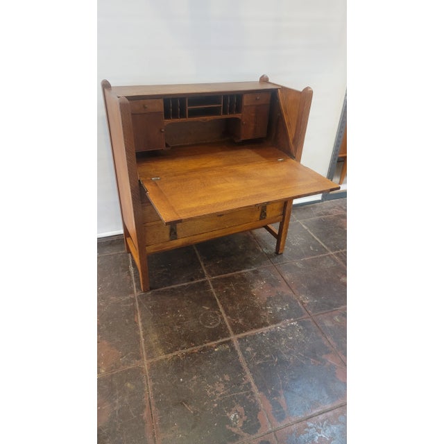 Mission Charles Limbert Strap-Hinge Three Drawer Drop Front Desk C .1910 Rare For Sale - Image 11 of 12