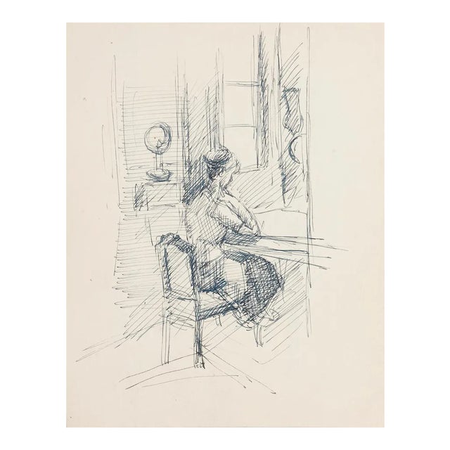Raymond Cazanove, Reader, Original Pen on Paper, Mid-20th Century For Sale