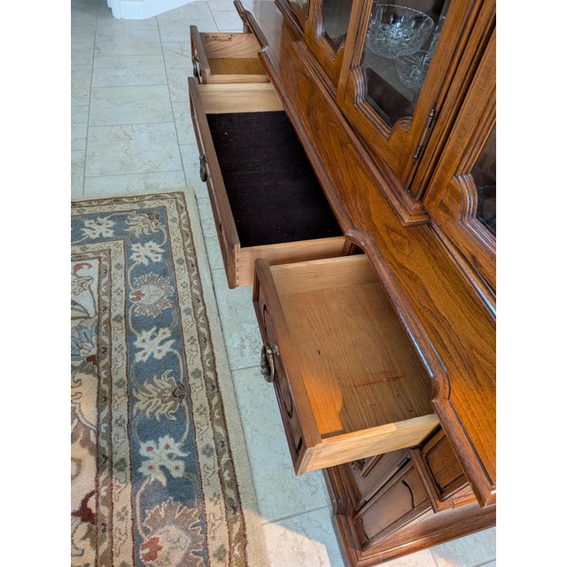 Burnt Umber 1960s Vintage Thomasville Spanish Revival Walnut Breakfront Lighted China Cabinet - 2 Pieces For Sale - Image 8 of 11