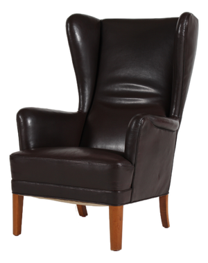 Wing Back Lounge Chair with Mocha Brown Leather Upholstery by Fritz Hansen, 1940s