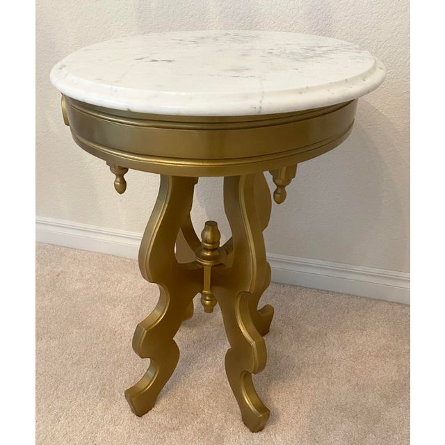 Victorian Style Oval Marble Top Gold Color Accent Table Vintage Excellent Condition For Sale - Image 4 of 10