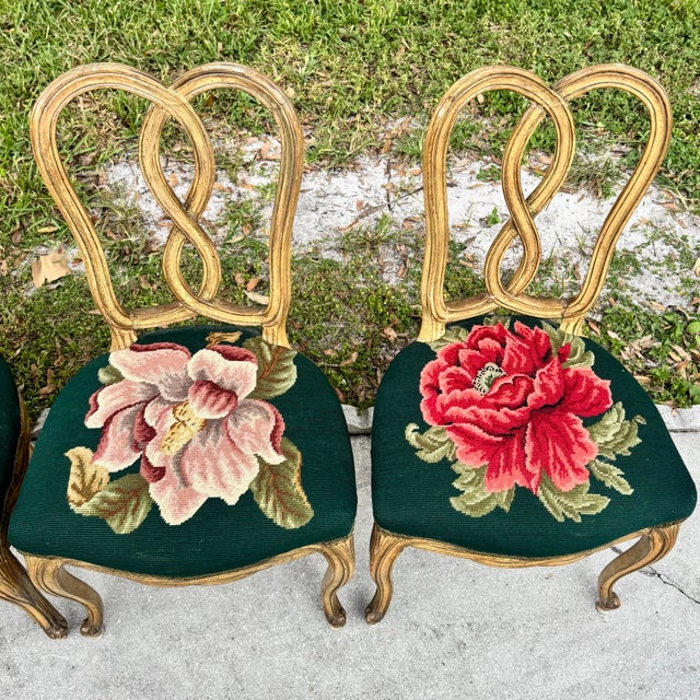 Mid 20th Century Vintage Rococo Style Wooden Floral Needlepoint Dining Chairs - Set of 4 (No Captain Chair) For Sale - Image 5 of 12