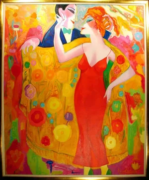 1980s "Love Behind the Yellow Shawl" Figurative Oil Painting by Earl Linderman, Framed