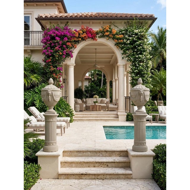 Pair of Neo-Classical Style Cast Stone Garden Urns and Pedestals For Sale - Image 11 of 12