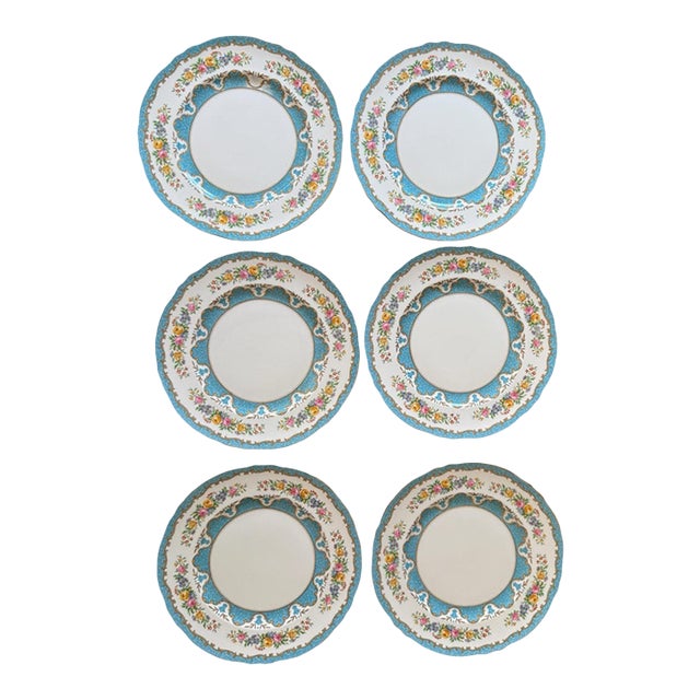 Vintage Crown Staffordshire Lyric Tunis Blue Dinner Plates – Set of 6 – Fine Bone China England – 1930s–1950s For Sale