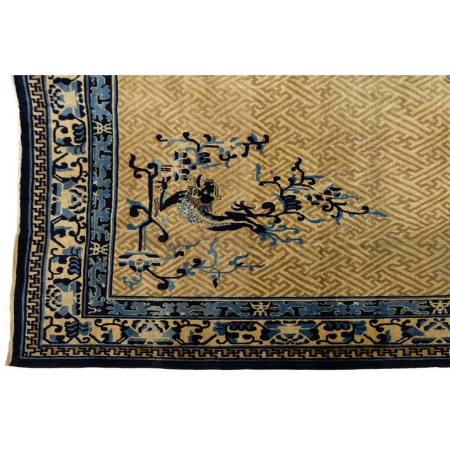 Tan Antique Chinese Imperial-Style Dragon & Fretwork Wool Rug With Indigo Accents For Sale - Image 8 of 12