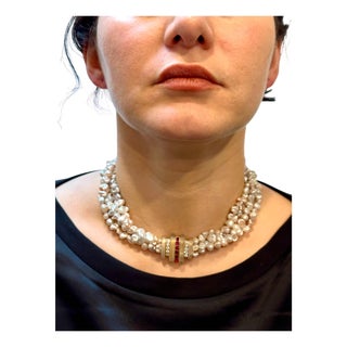 Designer Lagos Diamond & Ruby Brooch& Pearls Necklace 14k Yellow Gold, Antique For Sale