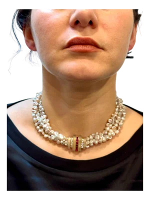 Designer Lagos Diamond & Ruby Brooch& Pearls Necklace 14k Yellow Gold, Antique