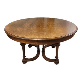 Antique Round Tiger Oak Dining Table With Leaves For Sale