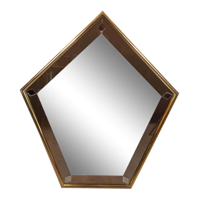 Mid-Century Modern Pentagonal Brass Wrapped Mirror with Smoked Border For Sale